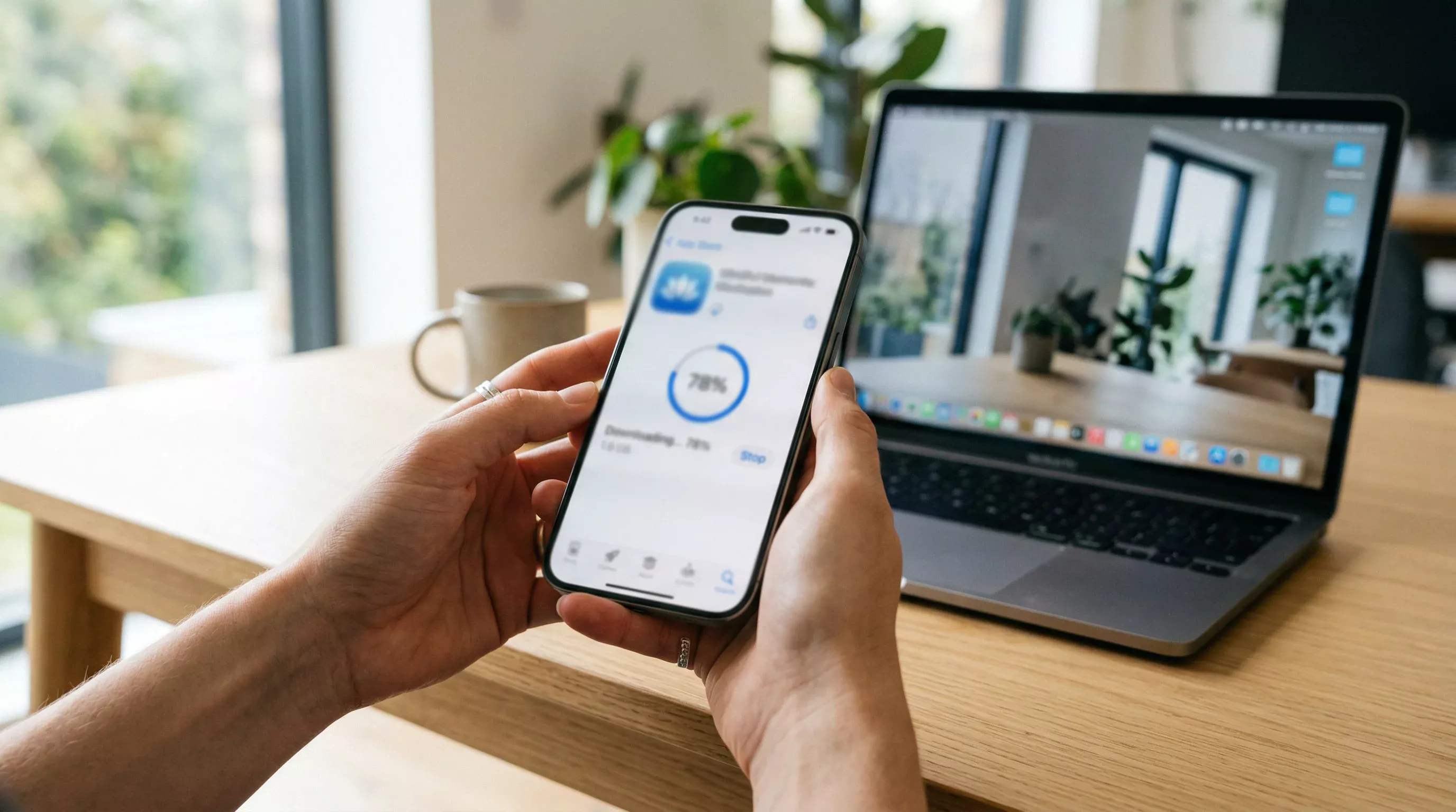 Hand hält Smartphone mit App Store geöffnet und zeigt Download-Vorgang einer Wett-App