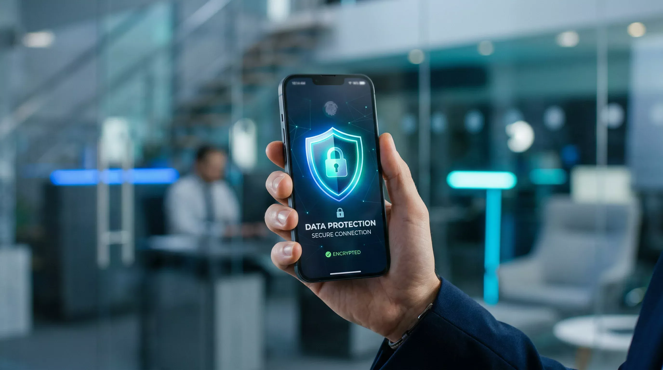 Smartphone mit Sicherheits-Schild-Symbol und verschlüsselter Datenübertragung visualisiert