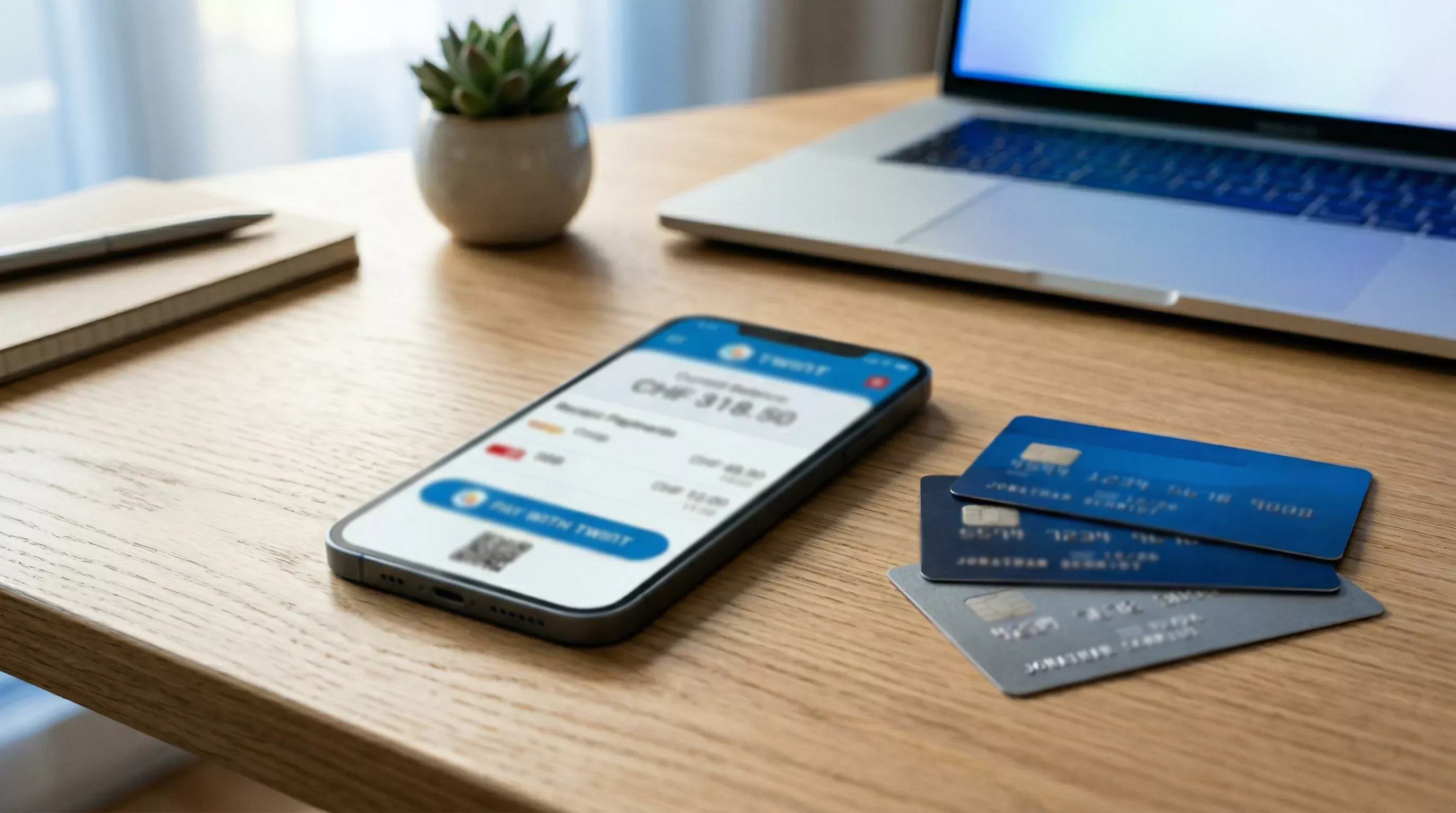 Verschiedene digitale Zahlungsmethoden auf einem Smartphone-Display mit TWINT-Logo und Kreditkarten-Symbol