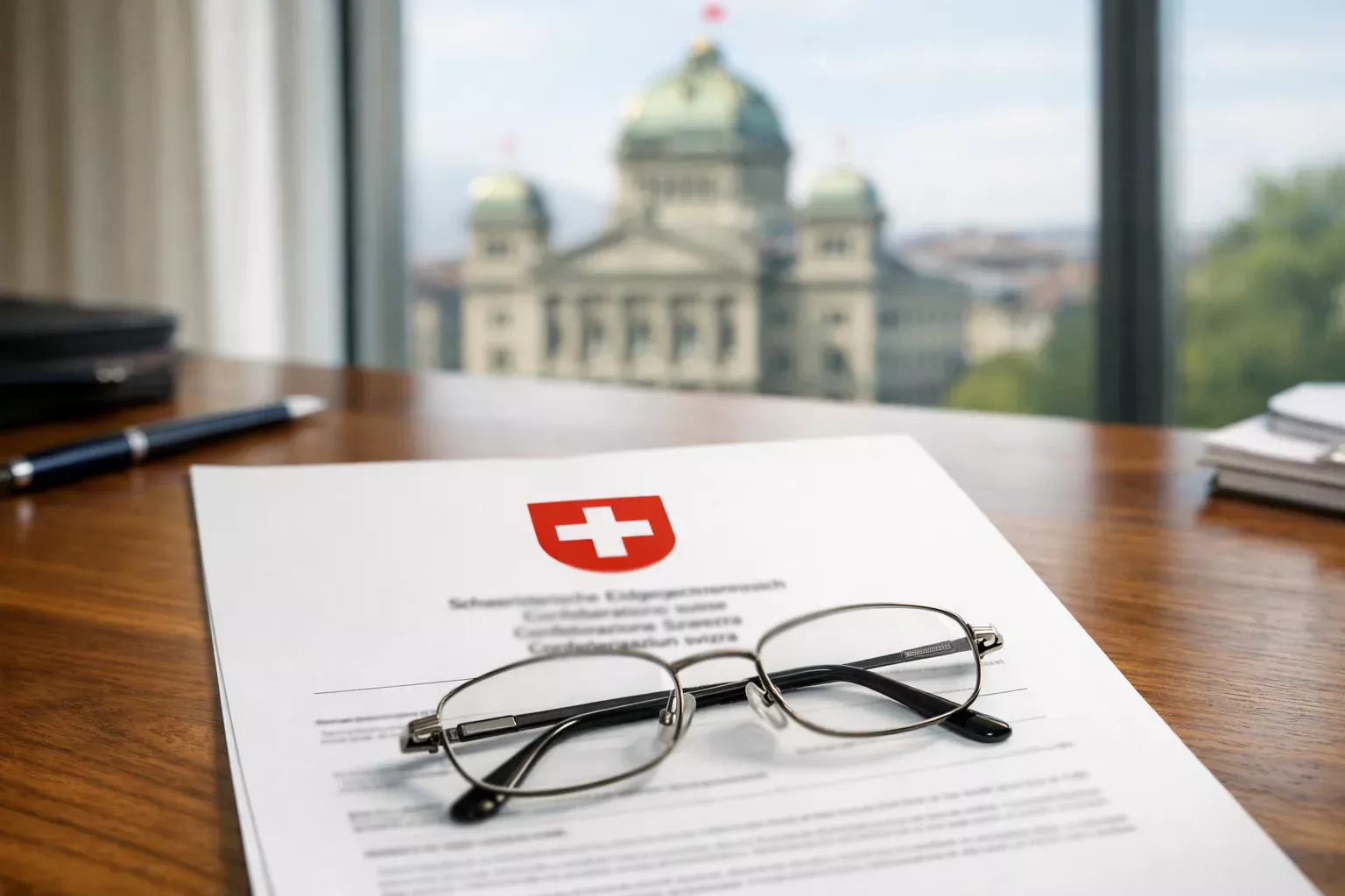 Offizielles Schweizer Dokument zum Geldspielgesetz mit Bundeshaus im Hintergrund